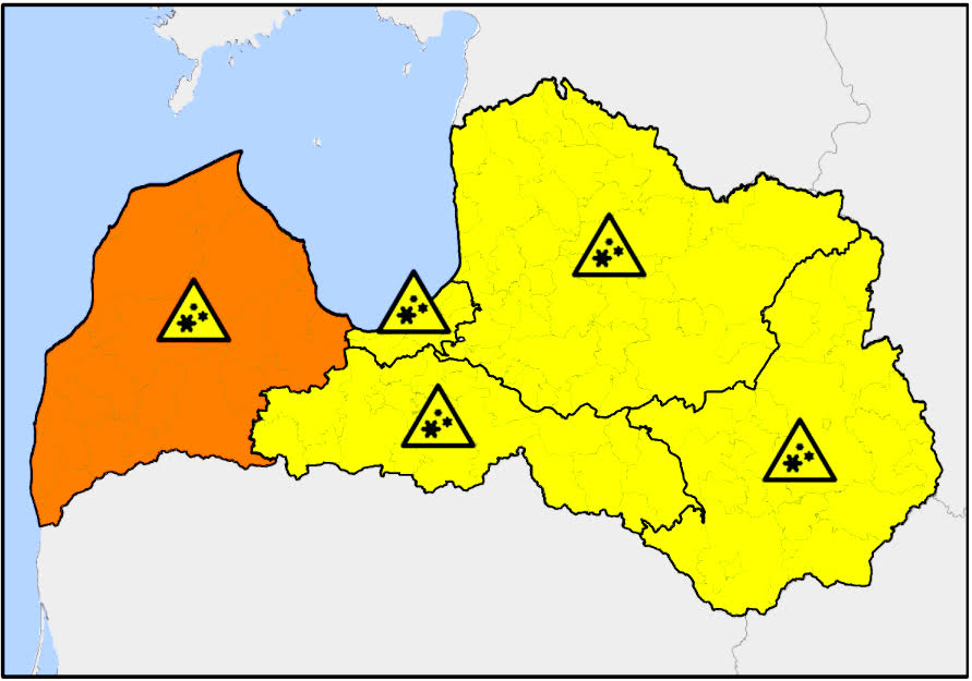 Uzmanību! Šodien visā Latvijā izsludināts dzeltenais brīdinājums! Vietām – oranžais.